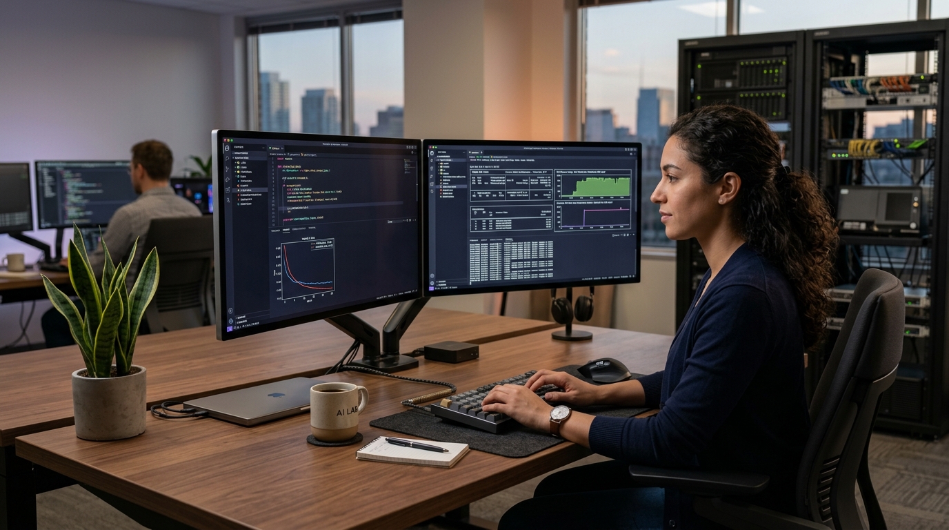 Applied AI Research & Execution Lab at Sabrixa with multi-display GPU telemetry and PyTorch loss metrics